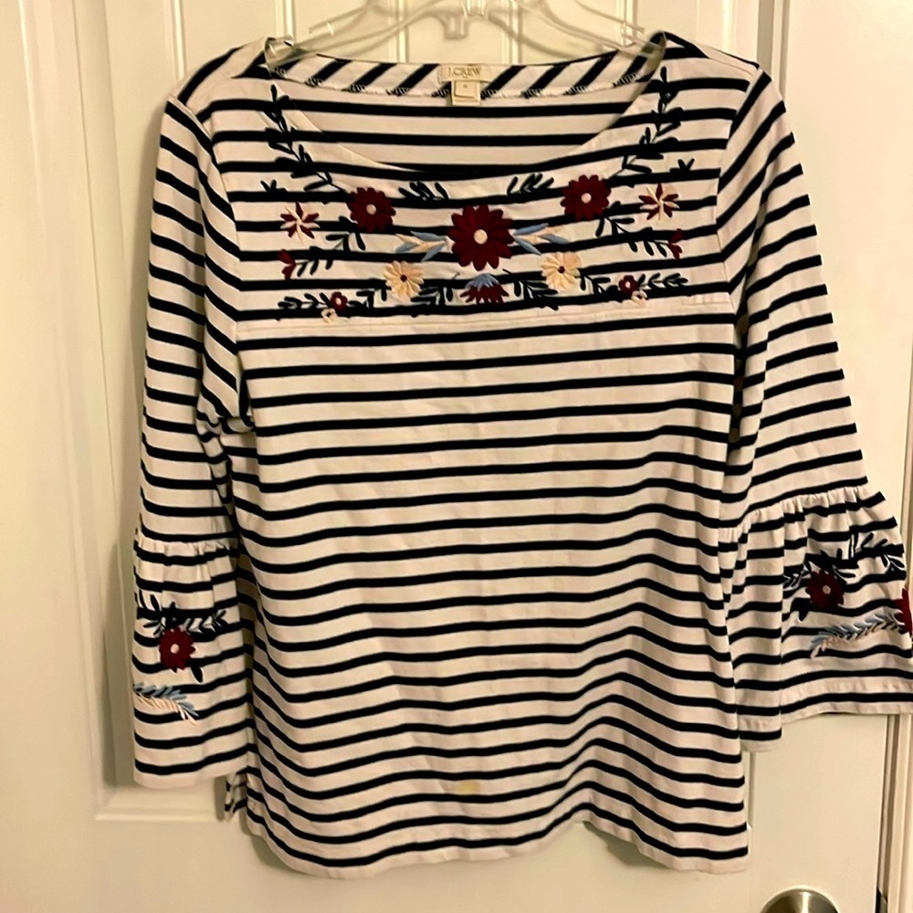 J. Crew Women’s Med. Embroidered Floral&Stripes Top Bell Sleeve Black White